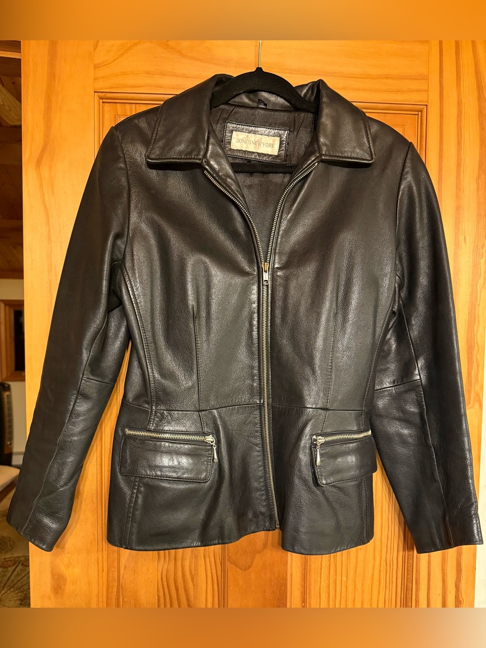 Jones New York Black Leather Moto Jacket Biker motorcycle Coat Bomber Zip